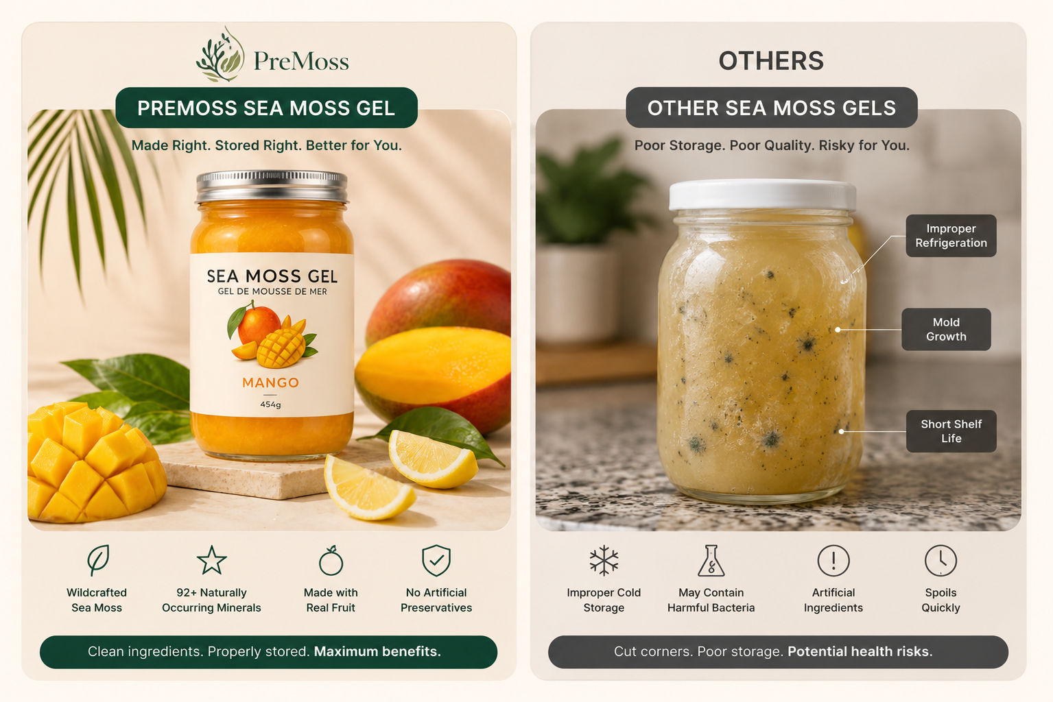PreMoss sea moss gel compared with other sea moss gels — proper storage and clean ingredients vs mold and poor quality