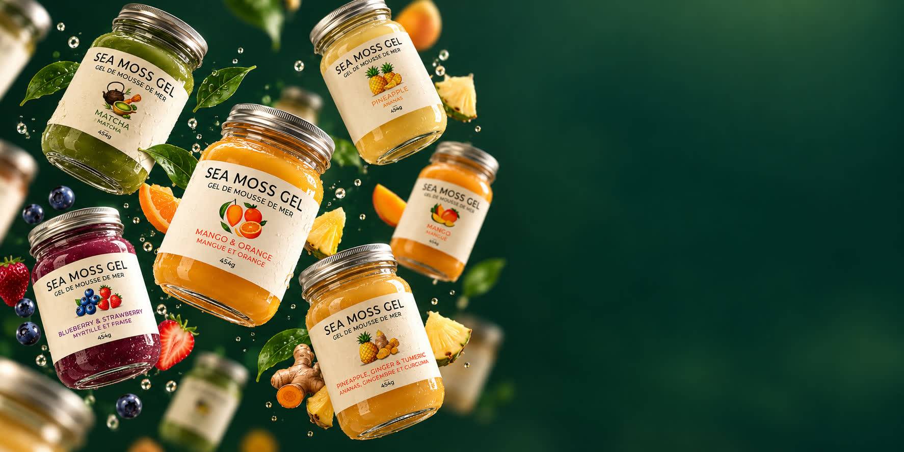 PreMoss sea moss gel jars surrounded by fruit